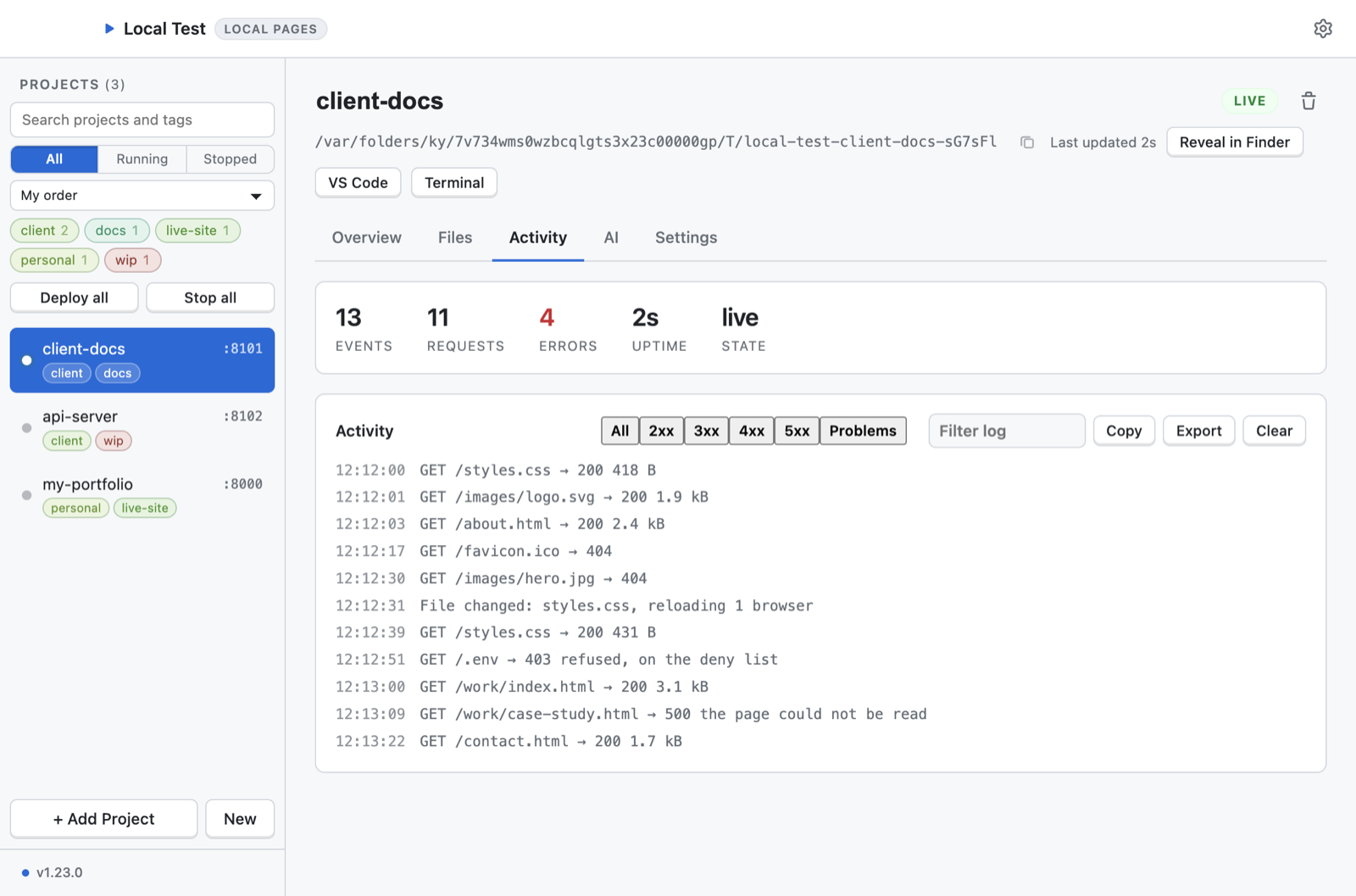 The activity log: Every request the server answered, with the status it answered with.