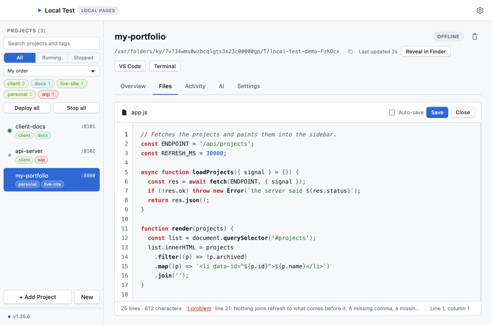 The code editor: JavaScript with syntax highlighting, line numbers, and a syntax error reported in the status bar.