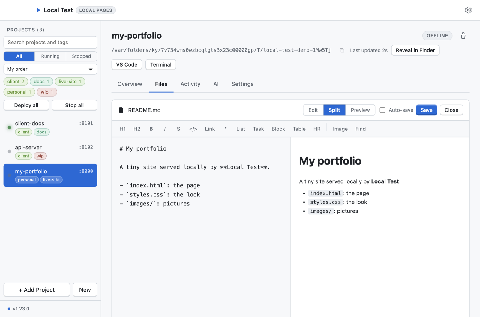 The editor: Markdown side by side with its preview, and a toolbar for the marks nobody remembers.