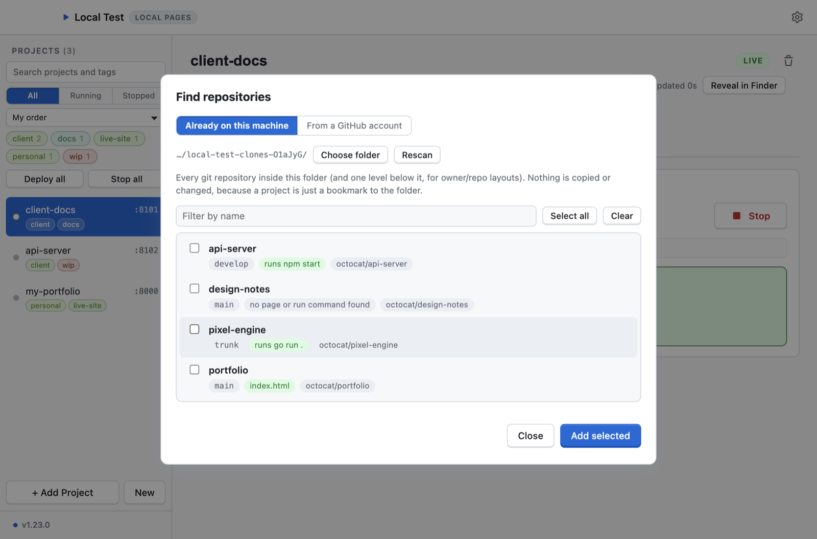 The repository browser: Every git repository already on your machine, found in one scan, with its branch and how it would run.